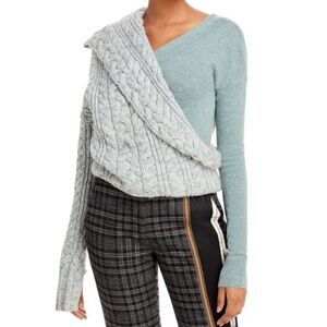 $890 Sz XS Hellessy Green Cable Knit Asymmetrical Contrast Sweater